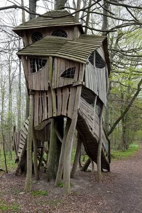 IMAGO Creative, Leben im Bamhaus Ein Baumhaus im Wald, krumm und schief iblstf01912476