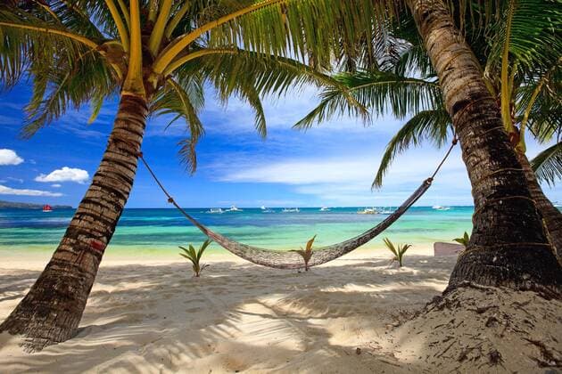 Haengematte zwischen zwei Palmen an einem tropischen Sandstrnd, Philippinen, Boracay hammock between two palm trees at tropical beach, Philippines, Boracay BLWS269810