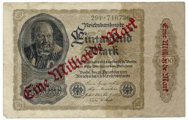  Vorderseite einer Banknote, Reichsbanknote, 1000 Mark überdruckt mit 1 Milliarde Mark, 1922, Inflationsgeld, Deutschland, Europa iblhdf01976889