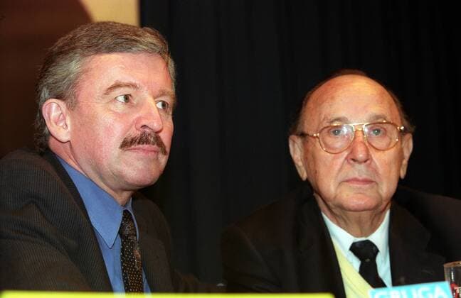 (L-R) Jürgen Möllemann, Außenminister Hans-Dietrich Genscher FDP-Landesparteitag in Essen