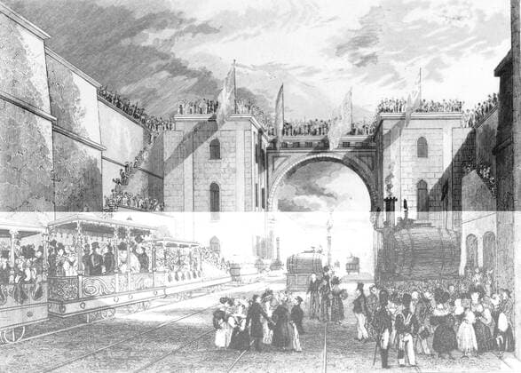 IMAGO History, Die Geburt des Eisenbahnverkehrs: 1802-1830 The Opening of the Liverpool & Manchester Railway September 15th 1830 with the Moorish Arch at Edge Hill as it appeared on that day Mono Print !AUFNAHMEDATUM GESCHÄTZT! UnitedArchives0807070