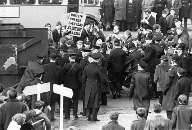 Five youths and a teenage girl were arrested after police faught with demonstrators outside the Cammel Laird Shipyard Birkenhead, when Mrs Denis Healey, wife of the Minister of Defence launched Renoun Britains second Polaris Submarine Mono Print UnitedArchives0816637