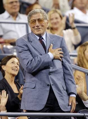 Tony Bennett reacts when he appears on the big screen as Venus Williams plays Vesna Dolonts of Russia on day 1 in Arthur Ashe Stadium at the U.S. Open Tennis Championships Stadium at the Billie Jean King National Tennis Center in New York City on August 29, 2011.  NYP20110829134