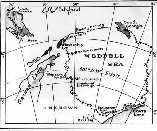 Track of Endurance and boats. Captain Sir Ernest Henry Shackleton (1874-1922) was an Anglo-Irish explorer, now chiefly remembered for his Antarctic expedition of 1914-1916 in the ship Endurance. Antarctica: The Last Continent by Ian Cameron page 214. Local Caption Exploration 1 Mono Print UnitedArchives0542178