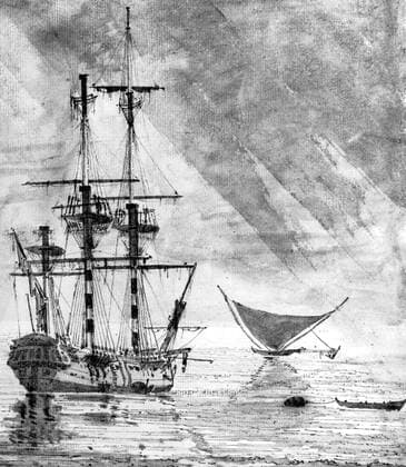 A pen and wash sketch showing the Resolution en route for the Antarctic, by William Hodges (1744-1797), the artist who accompanied Captain Cook. Antarctica: The Last Continent by Ian Cameron, page 35. James Cook undertook his second circum navigation of the world in the Resolution in 1772. The Resolution was responsible for some remarkable feats and was to prove one of the great ships of history. She was the first ship to cross the Antarctic Circle (17 January 1773) and crossed twice more on the voyage. Local Caption Mono Print UnitedArchives0649139