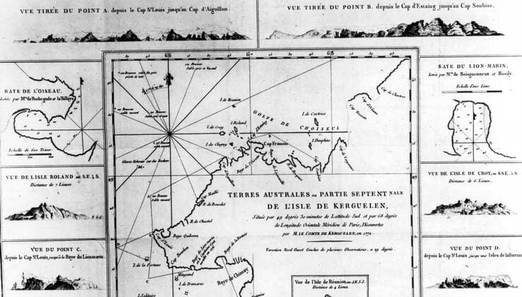 Kerguelen island map - the northern part. Antarctica: The Last Continent by Ian Cameron, page 30. Mono Print UnitedArchives0649157