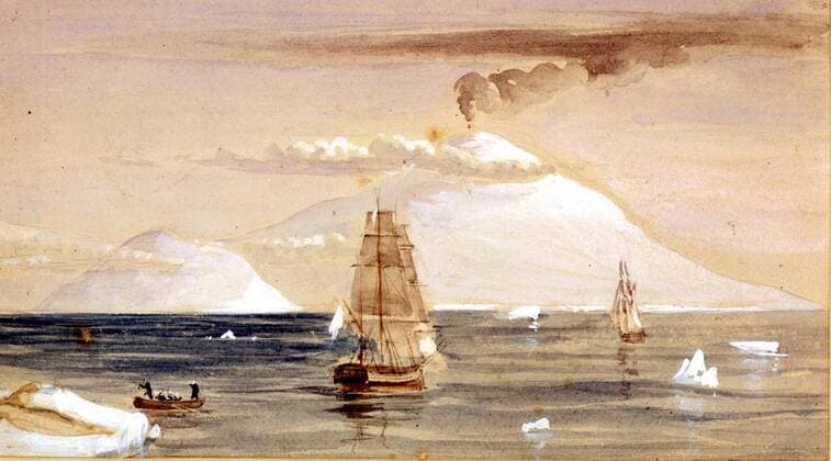 Mount Erebus on the beautiful Ross Island with James Clark Ross Erebus and Terror in the foreground, 28 January 1841. By John Edward Davis (1815-77), second master of the Terror. From Antarctica: The Last Continent by Ian Cameron, page 97. Between 1839 and 1843 Admiral Sir James Clark Ross, RN (1800-1862) commanded the Antarctic expedition of the HMS Erebus and HMS Terror which charted much of the coastline of the continent. In 1841, he discovered the Ross Sea, Victoria Land, and the volcanoes Mount Erebus and Mount Terror. The Victoria Barrier later gained the name Ross Ice Shelf in his honour. Local Caption Colour Medium Format Transparency UnitedArchives0649180
