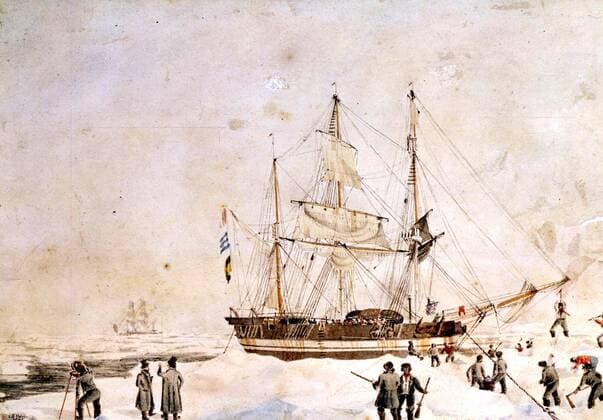Detail of the Resolution beating through the ice, by John Webber, (1752-1793). Antarctica: The Last Continent by Ian Cameron, page 38. The Resolution was responsible for some remarkable feats and was to prove one of the significant historical ships. She was the first ship to cross the Antarctic Circle (17 January 1773) and crossed twice more on the voyage. As a consequence the Resolution was instrumental in proving Dalrymple s Terra Australis Incognita (Southern Continent) to be a myth. On his third voyage, Captain James Cook crossed the Arctic Circle in the Resolution on 17th August 1778. Charles Clerke, who took over the command after Cook s tragic death, crossed it again on 19 July 1779. Colour Medium Format Transparency UnitedArchives0649182