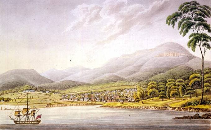Hobart Town, Tasmania from Darwin and the Beagle by Alan Moorhead, page 241. HMS Beagle set off on its third voyage in 1837 to survey large parts of the coast of Australia under the command of Commander John Clements Wickham, with assistant surveyor Lieutenant John Lort Stokes, who had been a Midshipman on the first voyage of the Beagle. They started with the western coast between the Swan River (modern Perth, Australia) and the Fitzroy River, Western Australia, then surveyed both shores of the Bass Strait at the southeast corner of the continent. In May 1840, the Beagle left Sydney to cruise on the north coast. After a pleasant visit to Hobart, Tasmania the Beagle sailed to King George s Sound in south west Australia. The third voyage was completed in 1843. Colour Medium Format Transparency UnitedArchives0651830