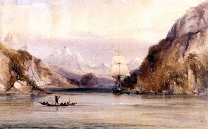 Frontispiece - The Beagle at Sydney Harbour, 1841. Watercolour by Owen Stanley (1811-1850). The ship which Charles Darwin (1809-1882) joined as naturalist for the exploration of the South American coast in 1831-1836. In May 1840, the Beagle left Sydney to cruise on the north coast. After a pleasant visit to Hobart, Tasmania the Beagle sailed to King George s Sound in south west Australia. From Darwin and the Beagle by Alan Moorhead. Local Caption Colour Medium Format Transparency UnitedArchives0651850