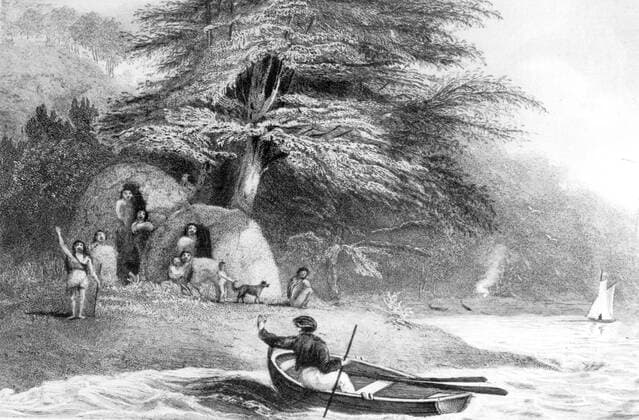 Fuegian (Yapoo Tekeenika). (Natives of Tierra del Fuego.) Wigwams at Hope Harbour in the Magdalen channel, during the examination of the Southern Shores of South America, and the Beagle s circumnavigation of the Globe. Darwin and the Beagle by Alan Moorhead, page 102. Mono Print UnitedArchives0651879