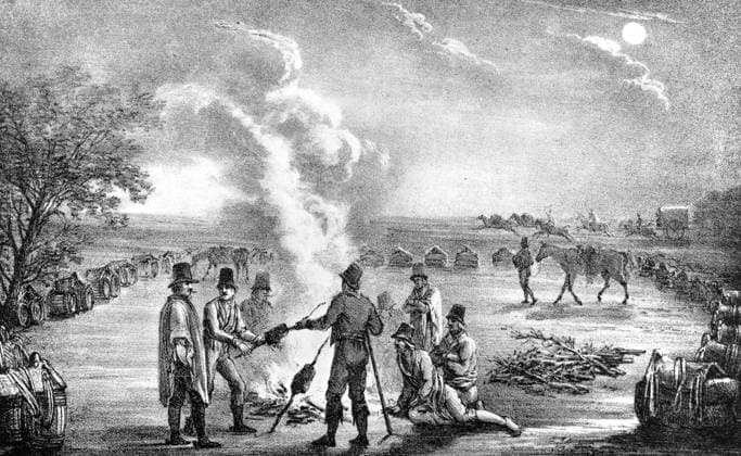Mulateers at a camp fire. Darwin and the Beagle by Alan Moorhead, page 179. Mono Print UnitedArchives0651882
