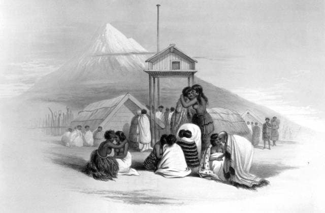 The ceremony of ongi or rubbing noses. My companion standing over them, one after another, placed the bridge of his nose at right angles to theirs and commenced pressing. This lasted rather longer than a cordial shake of the hand with us; and as we vary the force of the grasp, so do they in pressing. Darwin and the Beagle by Alan Moorhead, page 225. Mono Print UnitedArchives0651939