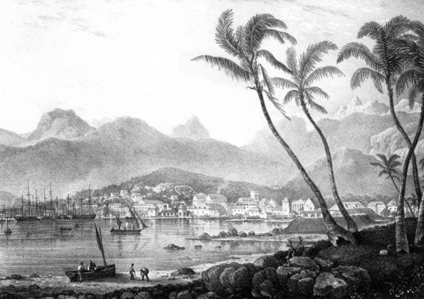 Port Louis, capital of Mauritius. After his disappointment in the landscape of Australasia, Darwin found that the aspect of the island equalled the expectations raised by the many well known desriptions of its beautiful scenery . Darwin and the Beagle by Alan Moorhead, page 238. Mono Print UnitedArchives0651941