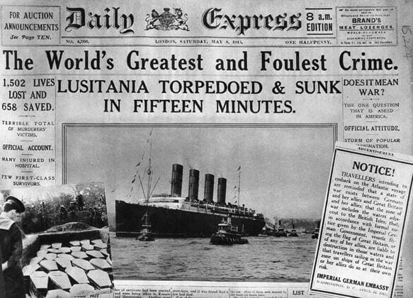 First World War Headlines from the Daily Express : The World s Greatest and Foulest Crime - Lusitania torpedoed and sunk in fifteen minutes . With inset of a mass grave of coffins and a warning notice from the Imperial German Embassy in Washington DC , USA 8 May 1915 Mono Book Illustration !AUFNAHMEDATUM GESCHÄTZT! UnitedArchives1170223