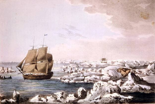 Detail of The Resolution beating through the ice, with The Discovery in the most imminent danger in the distance by John Webber, (1752-1793). Antarctica: The Last Continent by Ian Cameron, page 38. The Resolution was responsible for some remarkable feats and was to prove one of the great ships of history. She was the first ship to cross the Antarctic Circle (17 January 1773) and crossed twice more on the voyage. The third crossing on 3 February 1774, was the deepest penetration. As a consequence the Resolution was instrumental in proving Dalrymple s Terra Australis Incognita (Southern Continent) to be a myth. On his third voyage, Captain James Cook in the Resolution crossed the Arctic Circle on 17 August 1778. Charles Clerke, who took over the command after Cook s tragic death again crossed it on 19 July 1779. The Resolution impressed Cook greatly and he called her the ship of my UnitedArchives0965317