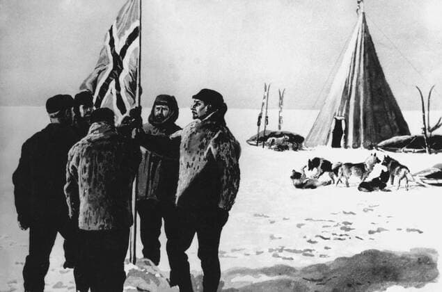 Painting of Roald Amundsen and his exploration team placing there Norwegian flag at the South Pole Mono Print UnitedArchives1056572