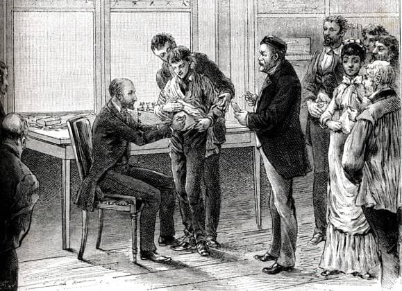 People queueing in the laboratories of Louis Pasteur for the vaccination against rabies . Paris 1885 Mono Book Illustration !AUFNAHMEDATUM GESCHÄTZT! UnitedArchives1248800