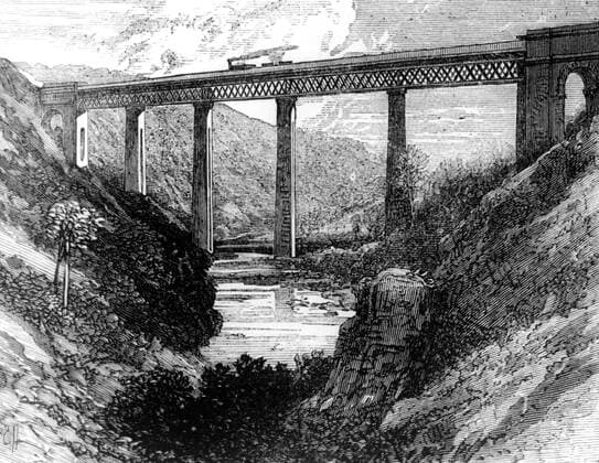 IMAGO History, Die Geburt des Eisenbahnverkehrs: 1802-1830 Railway bridge over the Tees. Barnard Castle , Stockton and Darlington railway 1875 Mono Print !AUFNAHMEDATUM GESCHÄTZT! UnitedArchives1269732