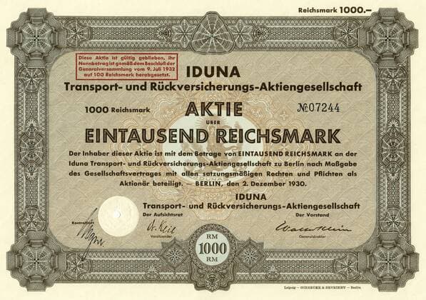  Historisches Wertpapier, Aktie über 1000 Reichsmark, IDUNA Transport- und Rückversicherungs-Aktiengesellschaft, 1930, Berlin, Deutschland, Europa iblhdf02011616