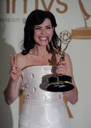 Julianna Margulies holds her Emmy Award for best actress in a drama series for ÒThe Good WifeÓ at the 63rd Primetime Emmy Awards at the Nokia Theatre in Los Angeles on September 18, 2011.  LAP20110918138