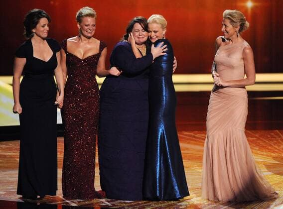 Outstanding lead actress in a comedy series nominees Tina Fey, Martha Plimpton, Melissa McCarthy, Amy Poehler and Edie Falco (L-R) appear onstage during the 63rd annual Primetime Emmy Awards held at Nokia Theatre in Los Angeles on September 18, 2011.  LAP20110918849