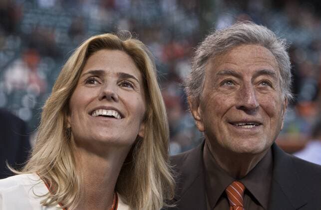 Tony Bennett and wife Susan Benedetto (L) look at the fans during Tony Bennett Tribute Night celebrations before the San Francisco Giants play the Colorado Rockies at AT&T Park in San Francisco on September 27, 2011.  SXP2011092712