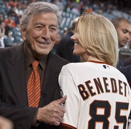 Tony Bennett and wife Susan Benedetto (R) wait for Tony Bennett Tribute Night ceremonies to begin before the San Francisco Giants play the Colorado Rockies at AT&T Park in San Francisco on September 27, 2011.  SXP2011092714