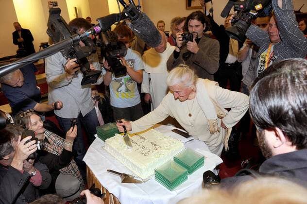 90-year-old Wanda Poltawska promotes her newest book One room at the Episcopacy of Poland on October 4, 2011 in Warsaw, Poland. Wanda Poltawska, former Ravensbruck Concentration Camp prisoner, is a medical doctor and a member of Papal Theological Academy. She was one of the John Paul II s closest friends and was present at the JP II s deathbed. Wanda Poltawska cuts her birthdaycake EN_00983550_0010 