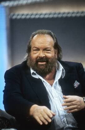 Bud Spencer bei Wetten, daß...? 03 95 her Mann Fernsehen TV Film Schauspiel Bart dunkelhaarig Sakko USA hoch halb sitzend gestikulierend sprechend