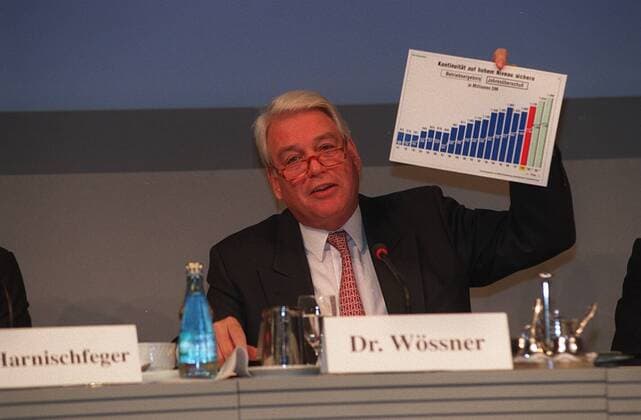 - Dr. Mark Wössner - Farbnegativ 09 98 thg Bertelsmann-Jahres-Pressekonferenz 1998 PK Management Bertelsmann Leitung Unternehmen Medien Verlag Portrait weißhaarig Brille seriös Hemd Jackett Krawatte Tisch Schild Logo Titel sitzend Schild haltend lächelnd halb quer