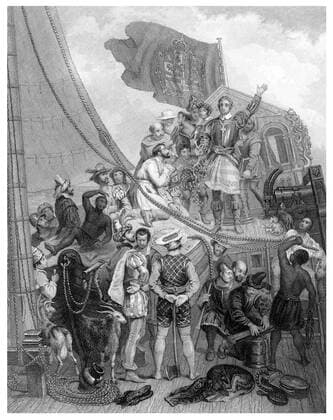 IMAGO History, Entdeckung Amerikas durch Christoph Kolumbus 1492 Kupferstich aus dem 19. Jahrhundert, Columbus discovering America, Die Entdeckung Amerikas 1492 durch den genuesischen Seefahrer Christoph Kolumbus, 1451 - 1506 iblhdf02137131
