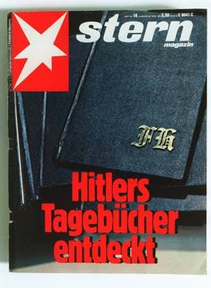 Feature Symbol: stern 02 03 thg Medien Journalismus Zeitschrift Illustrierte Magazin Heft Titelfoto Titelbild Titelmotiv Titel Aufmacher Story Knüller Skandal Affäre Schwindel Fälschung gefälschte gefälscht Hitlertagebücher Tagebücher von Adolf Hitler Konrad Kujau Fälscher Schwindler Betrüger Kunstfälscher Imageverlust 23.04.1983 Gerd Heidemann Reporter Journalist hoch Feature Symbol