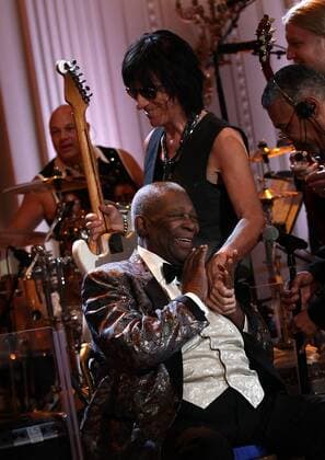 Guitarist Jeff Beck greets Blues legend B.B. King at a performance with an all-star cast at a White House event titled In Performance at the White House: Red, White and Blues February 21, 2012 in Washington, DC. As part of the In Perfomance series, music legends and contemporary major artists have been invited to perform at the White House for a celebration of Blues music and in recognition of Black History Month. The program featured performances by Troy Trombone Shorty Andrews, Jeff Beck, Gary Clark, Jr., Shemekia Copeland, Buddy Guy, Warren Haynes, Mick Jagger, Keb Mo, Susan Tedeschi and Derek Trucks, with Taraji P. Henson as the program host and Booker T. Jones as music director and band leader.  WAX20120221221