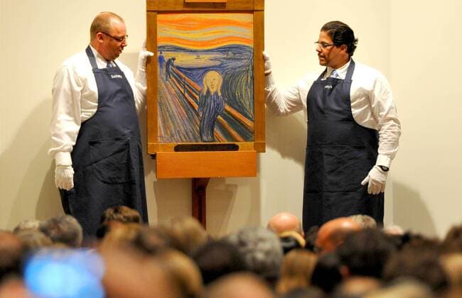(120503) -- NEW YORK, May 3, 2012 (Xinhua) -- Employees hold The Scream painted by Edvard Munch at a Sotheby s auction in New York, May 2, 2012. The painting, which dates from 1895, is one of four versions of the composition, and sold for a record 120 million US dollars at the auction on Wednesday, far exceeding pre-sales estimates of about 80 million dollars. (Xinhua Wang Lei) (zyw) US-NEW YORK-AUCTION-THE SCREAM 