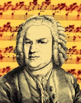  Notenhandschrift und Portrait von Johann Sebastian Bach, 1685 - 1750, ein deutscher Komponist und Orgel- und Klaviervirtuose des Barock iblhdf02236512