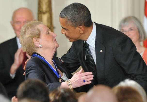 President Barack Obama awards the the Presidential Medal of Freedom to former Secretary of State Madeleine Albright during a ceremony in the East Room at the White House in Washington on May 29, 2012. The Medal of Freedom is our NationÕs highest civilian honor, presented to individuals who have made especially meritorious contributions to the security or national interests of the United States, to world peace, or to cultural or other significant public or private endeavors.  WAP20120529306