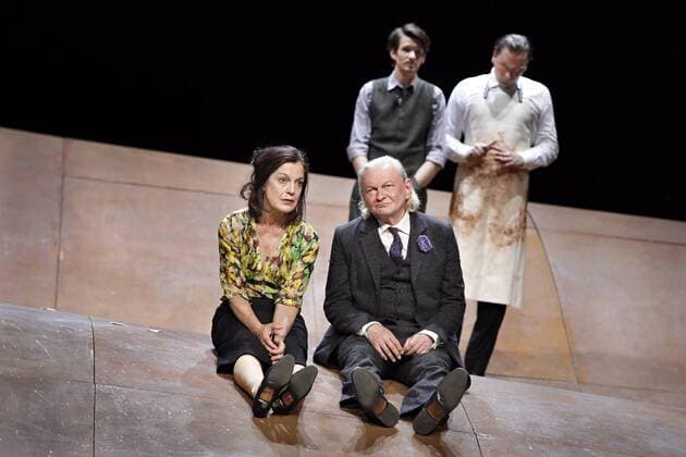 drama-berlin.de 19.06.2012 Berliner Ensemble GESCHICHTEN AUS DEM WIENER WALD (von Oedoen von Horvath), Regie: Enrico Luebbe, Buehne: Hugo Gretler, Kostueme: Bianca Deigner, Musik: Bert Wrede, Premiere am 22.06.2012. Szene mit Angela Winkler (als Valerie), Roman Kaminski (als Zauberkoenig), Sabin Tambrea (als Alfred) und Boris Jacoby (als Oskar). Berliner Ensemble TALES FROM THE VIENNA WOODS by Oedoen von Horvath, directed by Enrico Luebbe, stage design Hugo Gretler, costumes design Bianca Deigner, music Bert Wrede, opening June 22, 2012. Scene with Angela Winkler (as Valerie), Roman Kaminski (as the Wizard), Sabin Tambrea (as Alfred) and Boris Jacoby (as Oskar). ©xBresadola drama-berlin.de