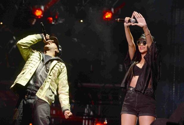 American rapper, songwriter and record producer Jay-Z and Barbadian singer Rihanna perform live during the BBC Radio 1 Hackney Weekend 2012 at Hackney Marshes in London on June 23, 2012.  LON20120623236