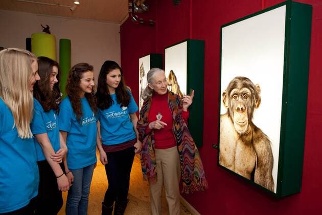 Jane Goodall im Kinder- und Jugendmuseum Muenchen - gemeinsam mit deutschen Mitgliedern ihrer JugendInitiative roots & shoots besucht die bekannte Verhaltensforscherin die Dschungel-Ausstellung des Museums.