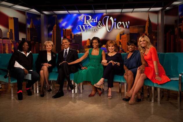 President Barack Obama and first lady Michelle Obama visits the set of The View on ABC-TV in in Manhattan, New York on September 24, 2012. From left: Whoopi Goldberg, Barbara Walters, president, first lady, Joy Behar, Sherri Shepherd and Elisabeth Hasselbeck. The president is in town for the 67th session of the General Assembly of the United Nations.  NYX20120924109