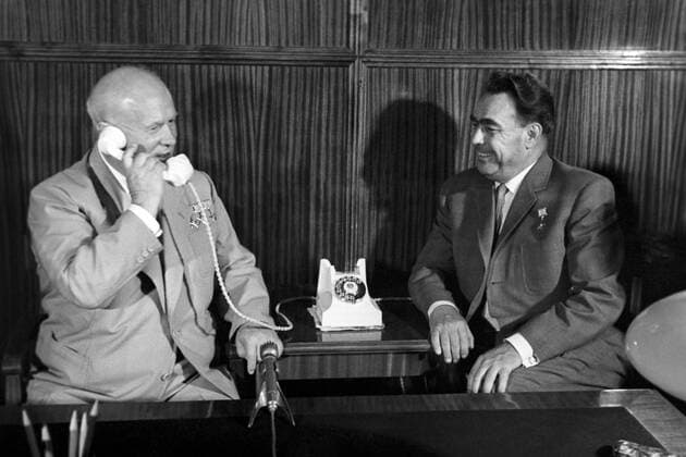 Moscow. USSR. The Moscow Kremlin. CPSU Secretary General Nikita Khrushchev (L) and Leonid Brezhnev, chairman of the USSR Supreme Soviet Presidium.  TASS_1454455
