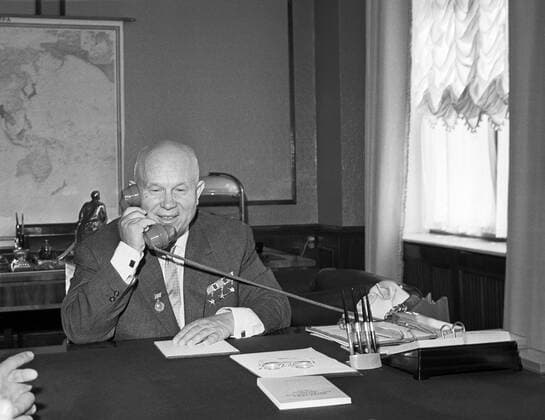 Moscow. USSR. The Moscow Kremlin. CPSU First Secretary Nikita Khrushchev congratulating Soviet cosmonaut German Titov on the space flight of the spaceship Vostok-2 . Photo  TASS_1469924