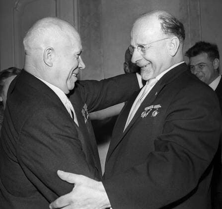 ITAR-TASS: GERMAN DEMOCRATIC REPUBLIC, BERLIN. First Secretary of the Communist Party of the Soviet Union Nikita Khrushchev (L) and Chairman of the Council of State of the German Democratic Republic Walter Ulbricht.  TASS_1544589