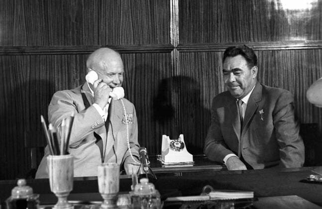 Moscow. USSR. The Moscow Kremlin. CPSU First Secretary Nikita Khrushchev and Leonid Brezhnev, chairman of the Presidium of the USSR Supreme Soviet, congratulating first cosmonaut Yuri Gagarin with a successful space flight. Photo  TASS_1464950