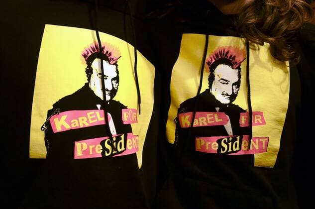 Sweatshirt KAREL FOR PRESIDENT, Karel Schwarzenberg, presidential candidate, pre-election campaign, Prague, Czech Republic on January 13, 2013. (CTKxPhoto LiborxSojka) CTKPhotoF201301150491901 