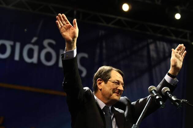 Portrait of Nikos Anastasiadis during the last speech before the elections for Cypriot President in capital Nicosia on February 13,2013