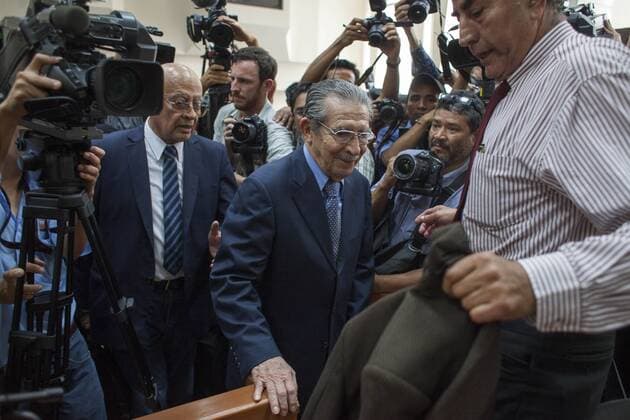 Former Guatemalan dictator, retired General Jose Efrain Rios Montt, arrives for his genocide trial at the Supreme Court of Justice in Guatemala City, capital of Guatemala, on April 18, 2013. Judge Carol Patricia Flores announced Thursday that she was dropping the genocide trial against former dictator Efrain Rios Montt due to a pending appeal, according to local press. (Xinhua Luis Echeverria) (py) GUATEMALA-GUATEMALA CITY-TRIAL 