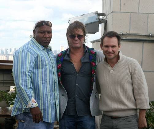 RUSSIAN FEDERATION. Moscow. 18 july 2012. Hotel Radisson Royal Moscow Ukraina . Photocall with actors of movie Soldiers of fortune - Ving Rhames (Grimaud), Sean Bean (Dimidov), Christian Slater (Craig Mackenzie) (l-r). 