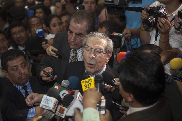 Former Guatemalan president Efrain Rios Montt (C), talks with media during a trial against him at the Supreme Court, in Guatemala City, Guatemala, on May 10, 2013. A court Friday declared Guatemala s former president Efrain Rios Montt guilty of genocide and crimes against humanity. (Xinhua Luis Echeverria) GUATEMALA-GUATEMALA CITY-TRIAL 